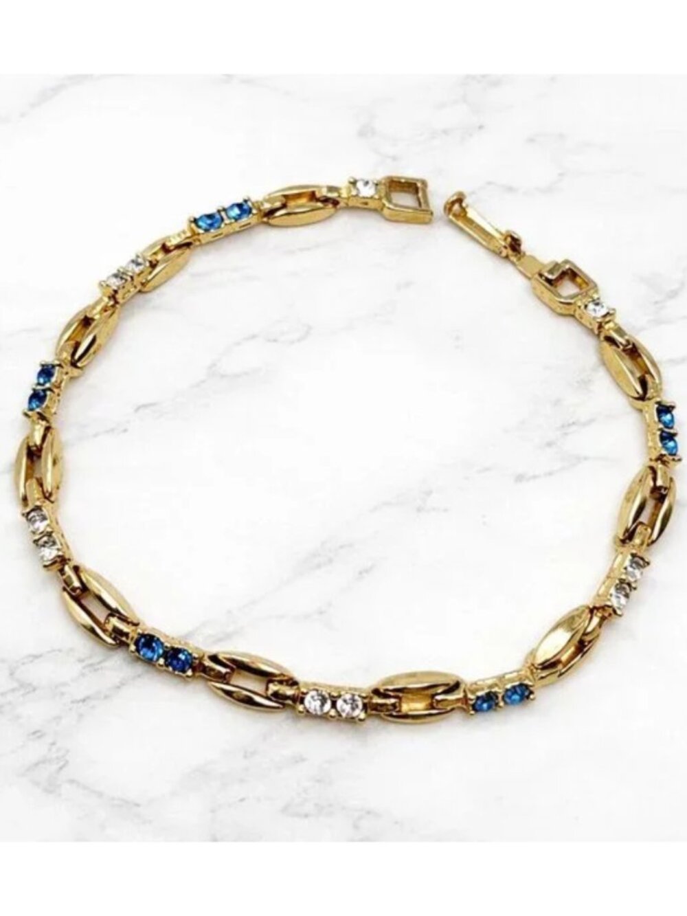 Vintage Gold Tone Bracelet Blue & Clear Rhinestones Fold Over Clasp 7"